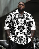 Men's Plus Size Monochrome Vintage Court Pattern Long Sleeve Lapel Shirt 2-piece Set